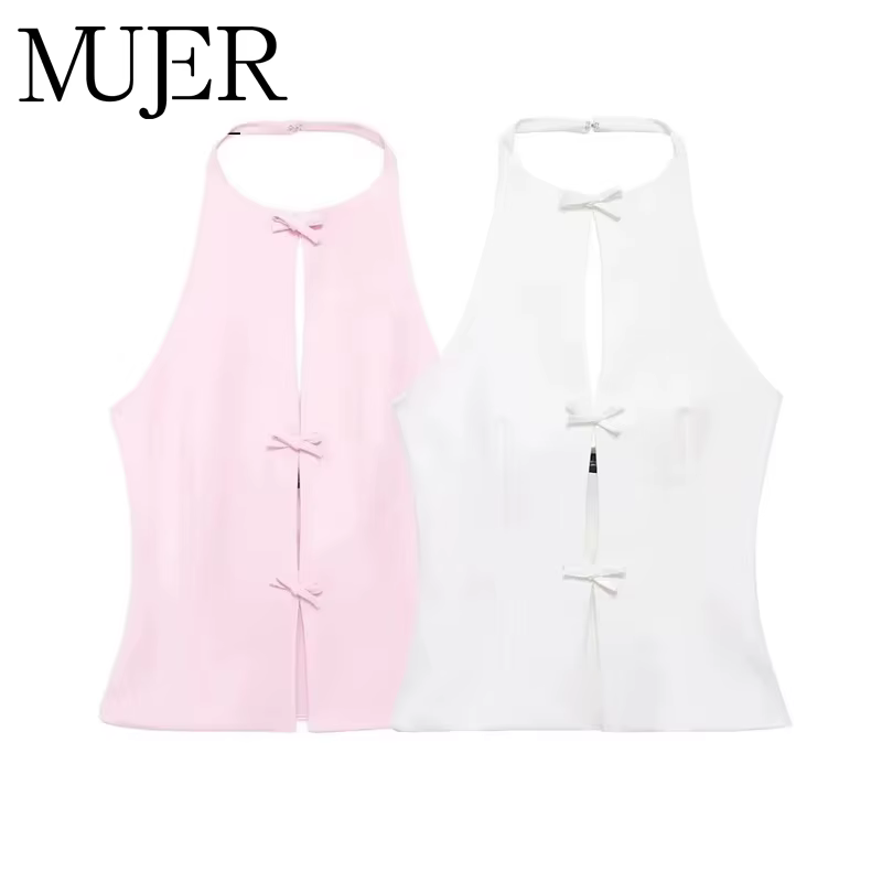 MUJER 2025 épaules dénudées haut à licou femme rose blanc haut court femmes nœud découpé sans manche