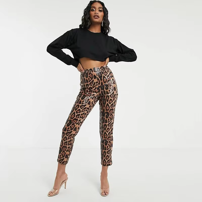 Leggings en similicuir PU imprimé léopard pour femmes, collants extensibles vintage, taille haute, s