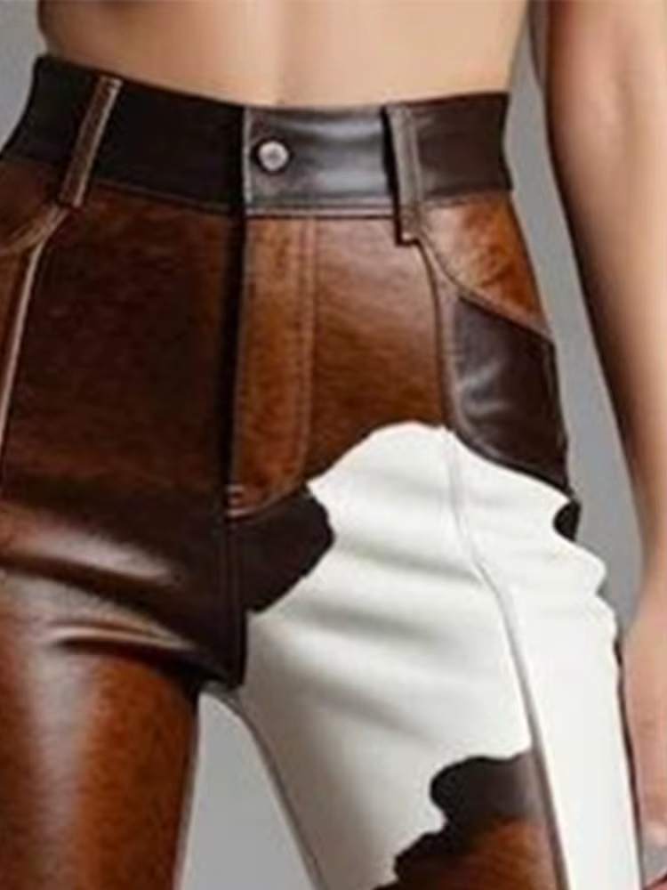 Pantalon évasé en cuir PU à motif vache pour femme, taille haute, pantalon slim en simili cuir, mode