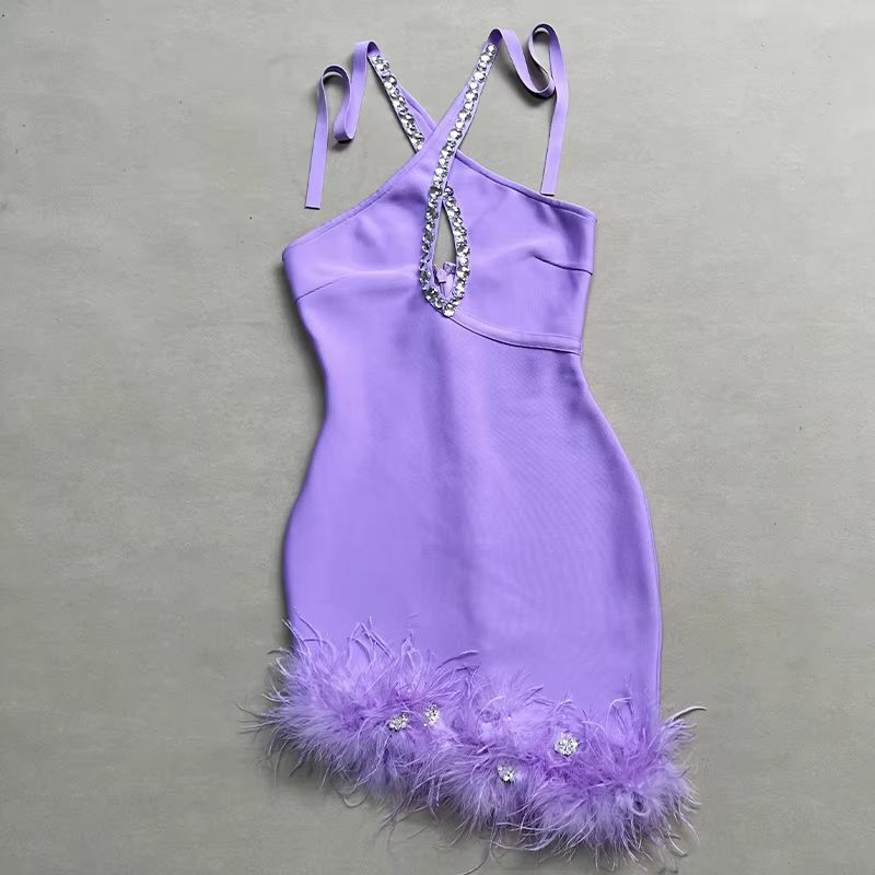 Robe à bandes élégante pour femmes, plumes Sexy, ajouré, vêtements de soirée en boîte de nuit