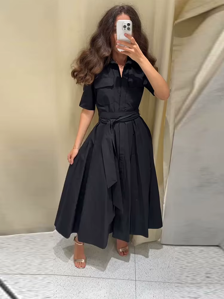 Nouvelle Robe Longue Plissée Noire Élégante pour Femme avec Ceinture, Manches Longues et Col Revers,
