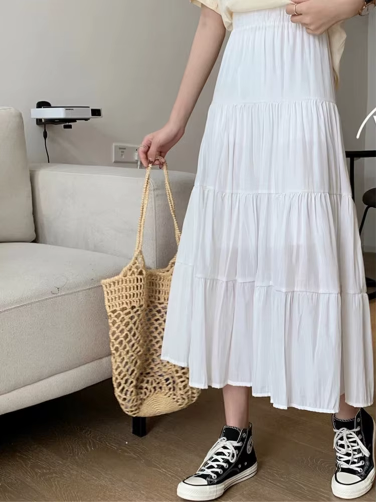 Jupe trapèze en mousseline de soie pour femme, vintage, taille haute, élastique, patchwork, blanc, n