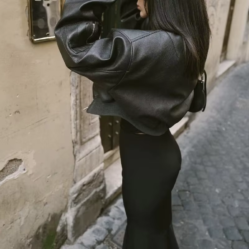 Y2K-Blouson en Cuir PU pour Femme, Col en V Côtelé, Manches sulf, Fermeture Éclair, Manteau Matelass