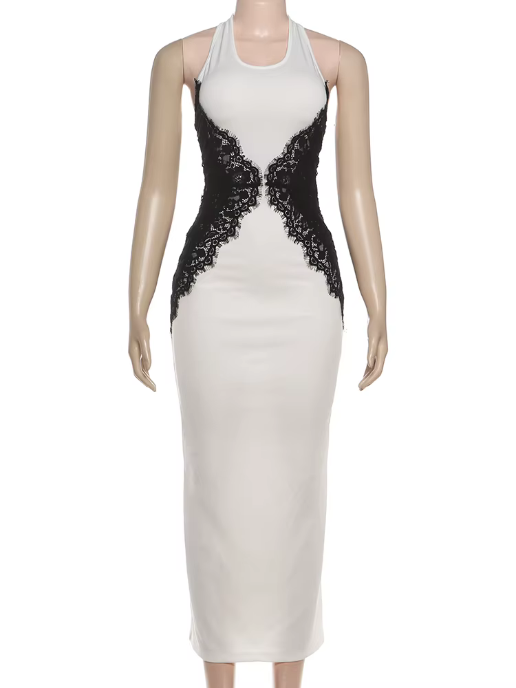 Kliou dentelle Patchwork longues robes femme licou col rond épaules nues dos nu Robe minuit bal fête