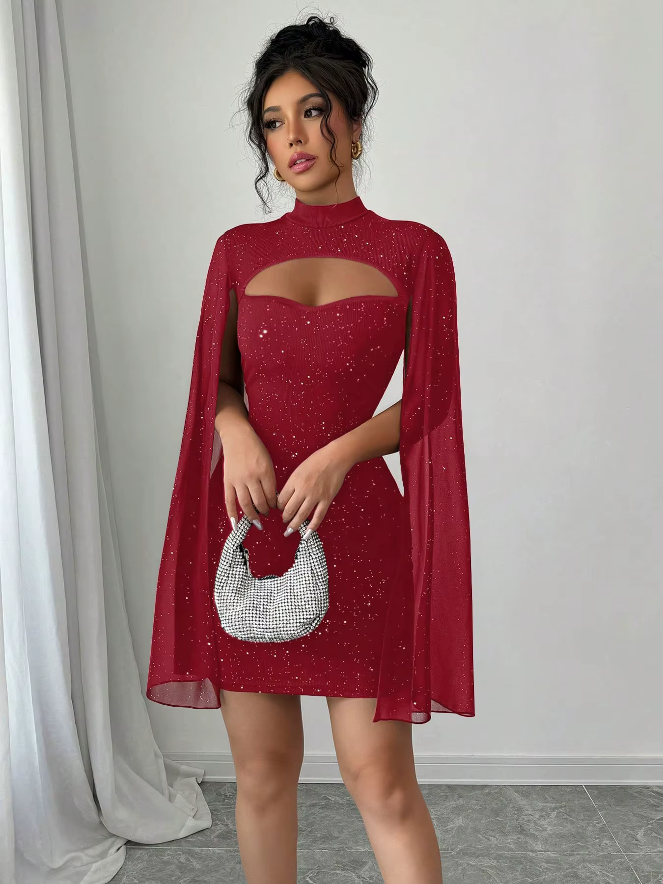 Mini robe Cape à col montant pour femmes, Sexy, paillettes scintillantes, soirée en boîte de nuit, m