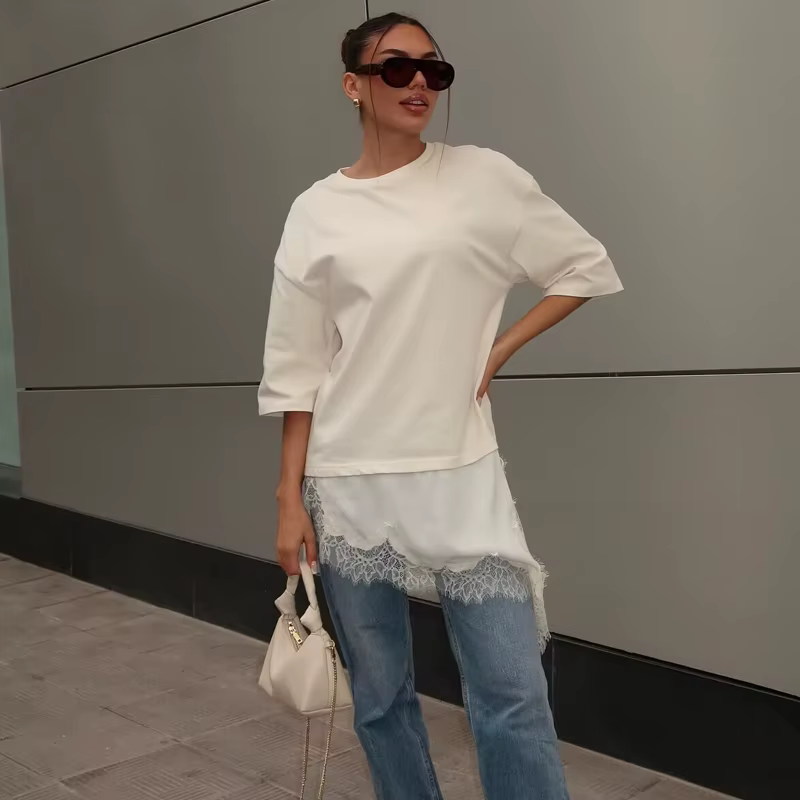 MUJER Polo dentelle femmes T-shirt asymétrique débardeurs pour femme à manches courtes drôle femme T