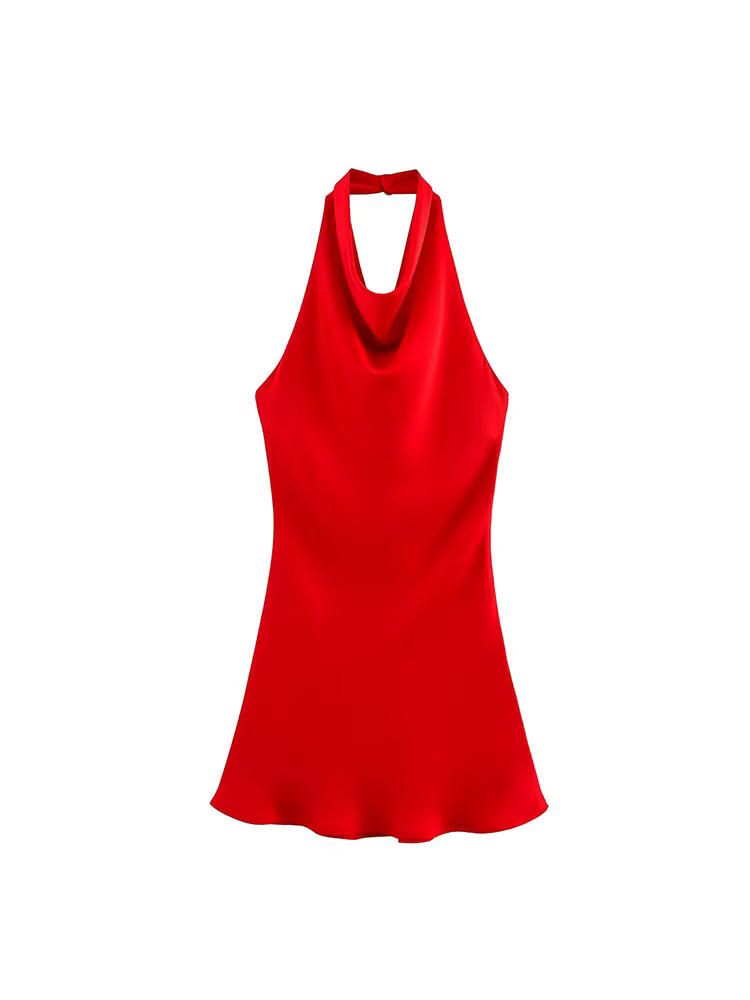 Robe Courte Halter Élégante en Satin pour Femme – Collection Été 2026 – Sexy, Dos Nu, Couleur Unie –