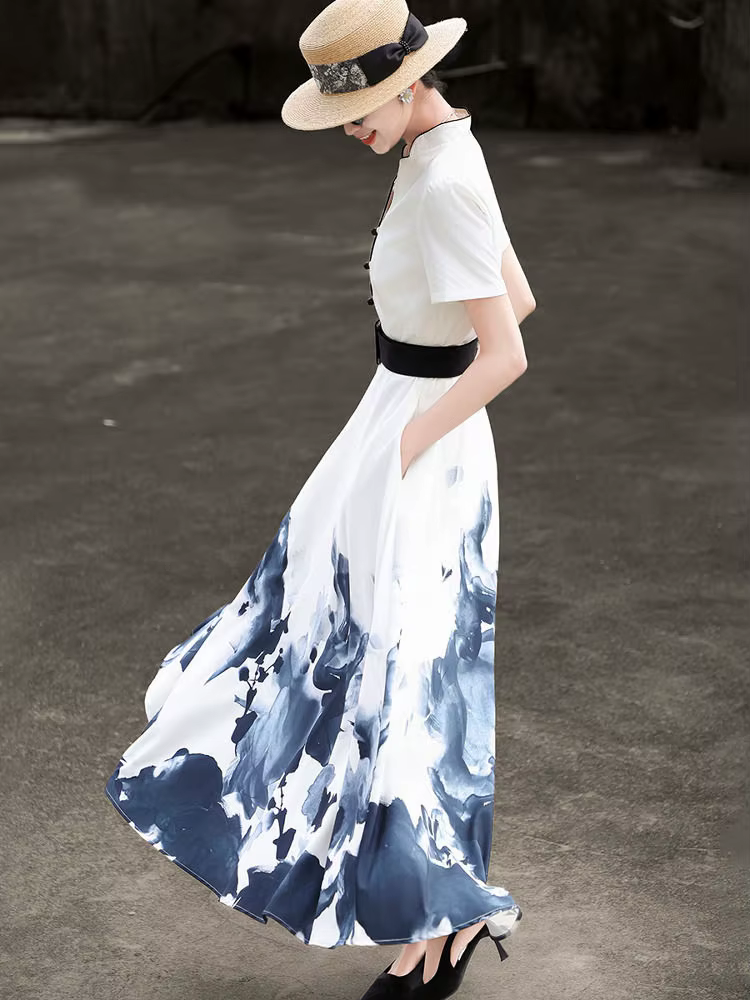MEXCOCO 2026 Nouvelle collection été – Robe évasée élégante à manches courtes imprimé peinture à l'e