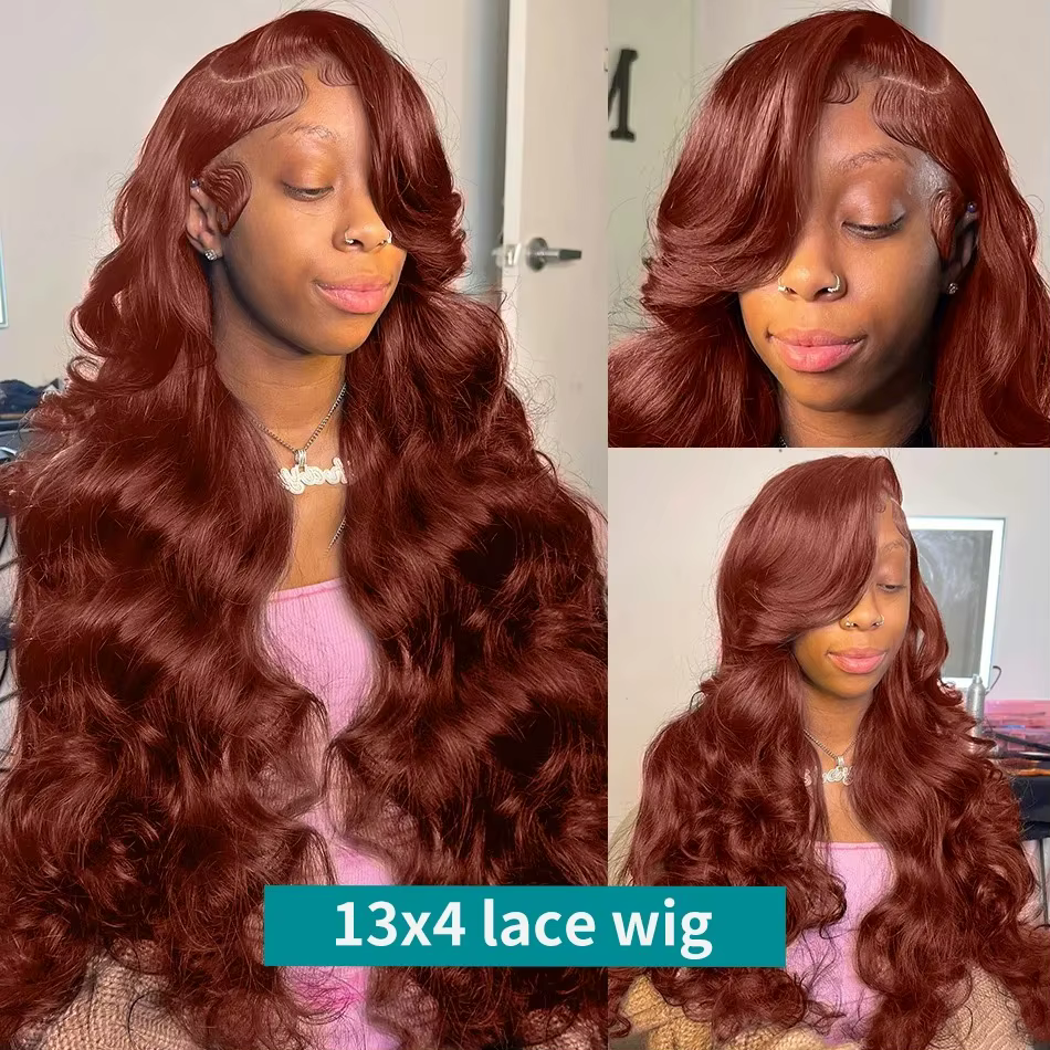 Perruque Lace Front Wig Body Wave naturelle, cheveux roux, brun foncé, 13x6 HD, 13x4, pre-plucked, e