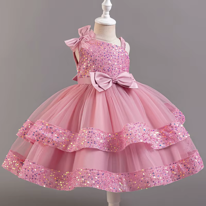 Robe de princesse en maille pour filles, avec nœud à paillettes, col irrégulier, pour fête d'anniver