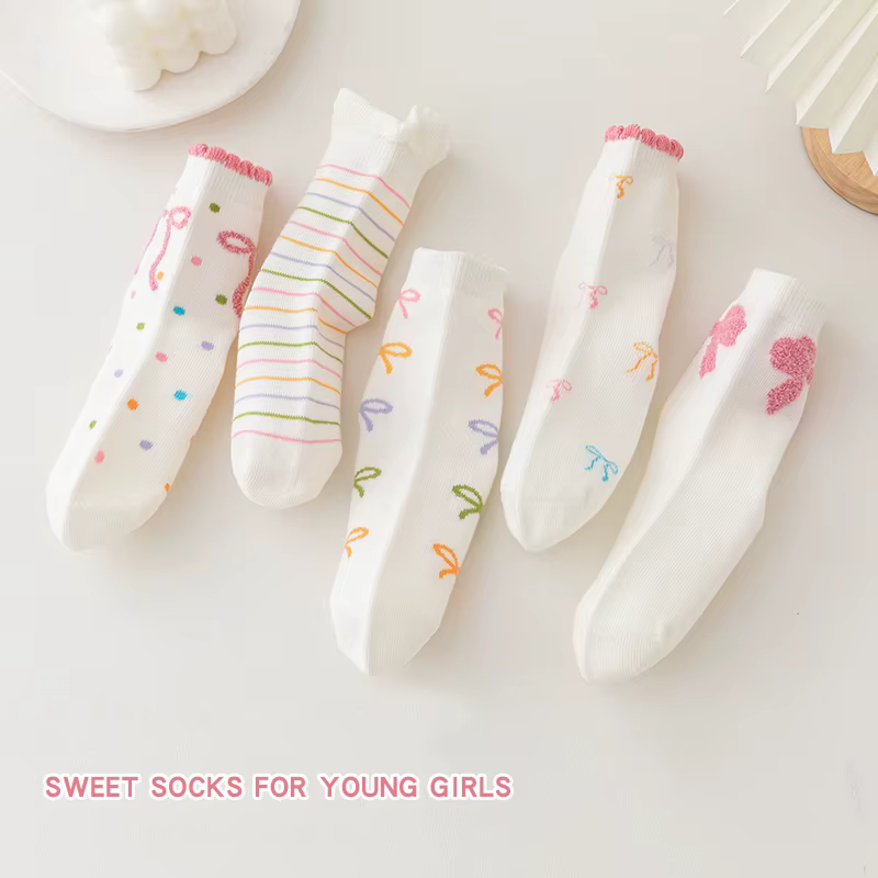 5 paires de chaussettes mi-mollet avec nœud papillon pour enfants filles, en coton peigné sélectionn
