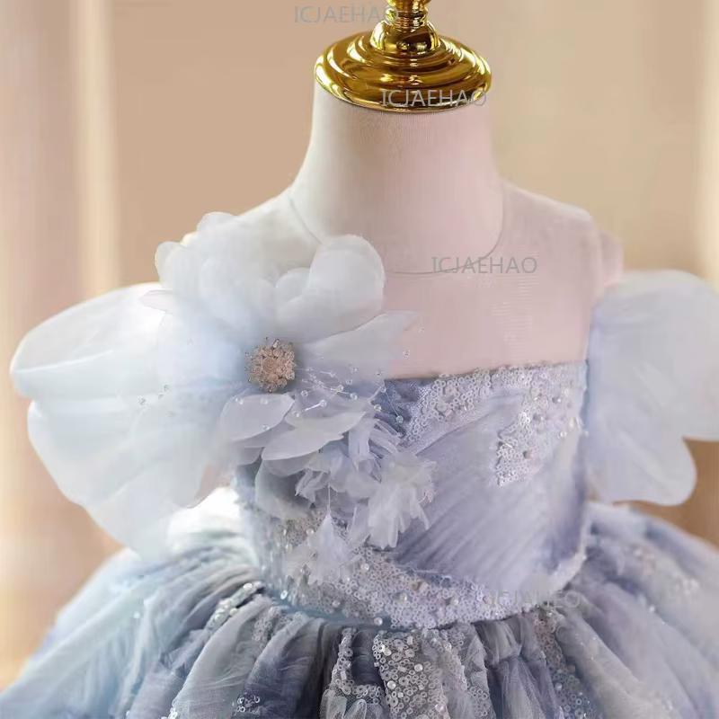 Robe de princesse élégante bleue à manches courtes pour filles 2026, robe de soirée formelle à sequi
