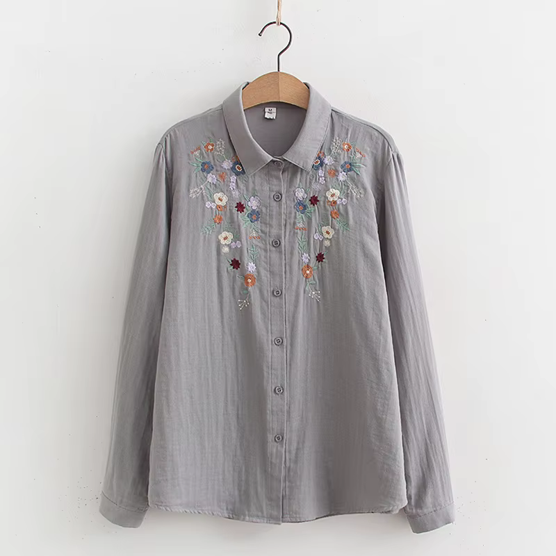 Chemise brodée de fleurs en fil double couche pour femmes, chemisier en coton femme, manches longues