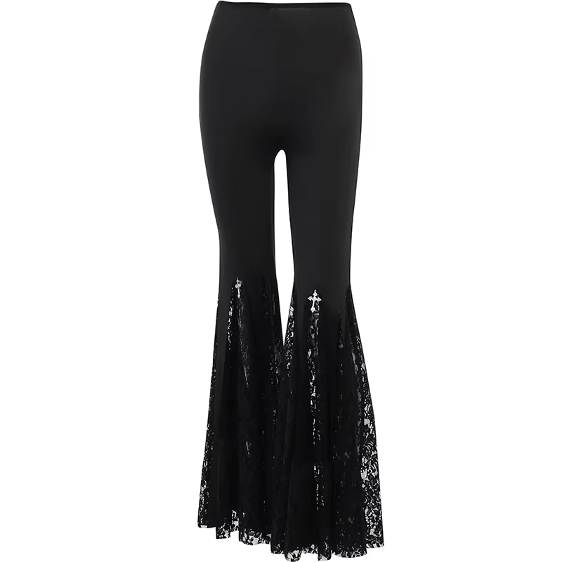 Goth – pantalon évasé en dentelle noire, Sexy, Patchwork, taille haute, Vintage, Harajuku, Hippie, P
