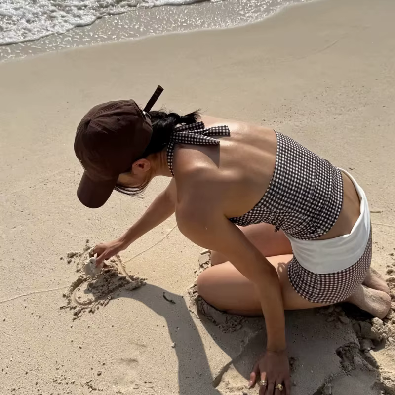 Maillot de bain deux pièces, Sexy, décolleté en V profond, Push Up, taille haute, à carreaux, contrô
