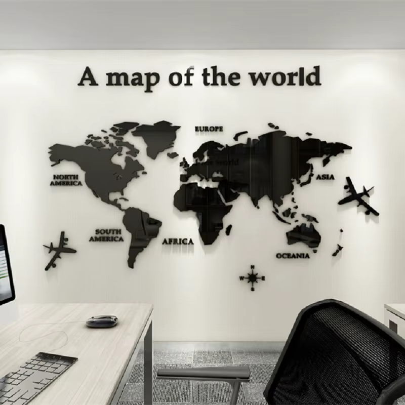 Autocollant mural carte du monde 3D en acrylique, couleur unie, cristal, pour chambre à coucher, sal