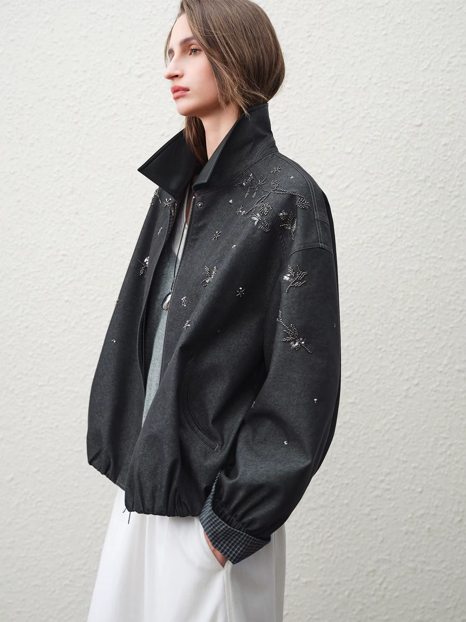 FSLE 【Série Premium】 2026 Manteau pour femme perlé à col en cuir, à manches longues, coupe ample, de