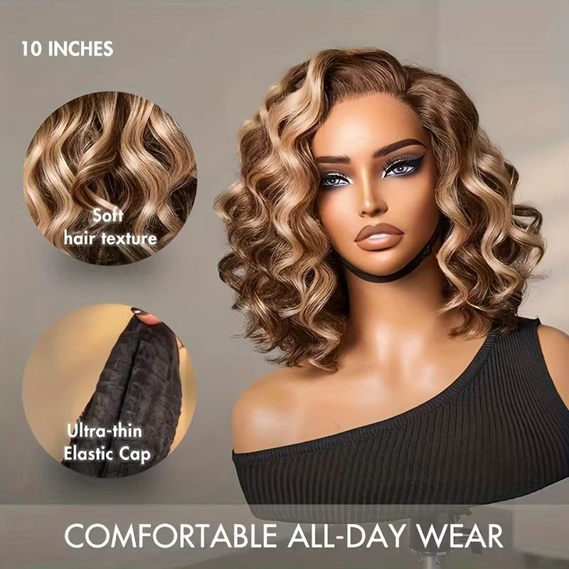 Perruque Bob Ombrée Cheveux Humains 4/27 Mèches Blond Miel Ondulées Profondes Perruques Bob Lace Fro