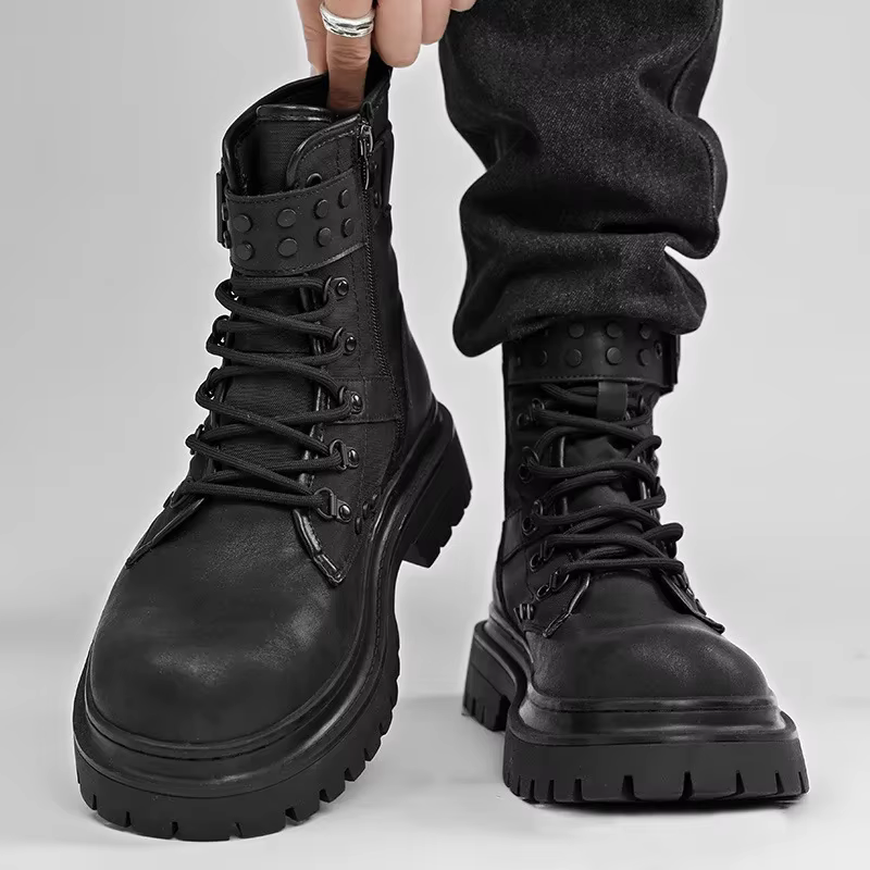 Bottes de moto polyvalentes à plateforme courtes décontractées noires style britannique rétro pour h