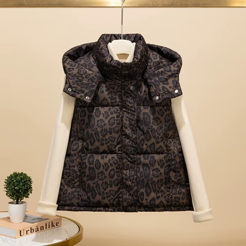 Gilet en coton imprimé léopard pour femmes, veste sans manches à capuche, mode américaine, manteau c