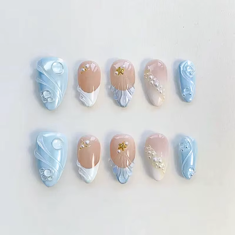 24 pièces doux Cool amande ensemble d'ongles presse sur ongles acryliques 3D Floral papillon faux on