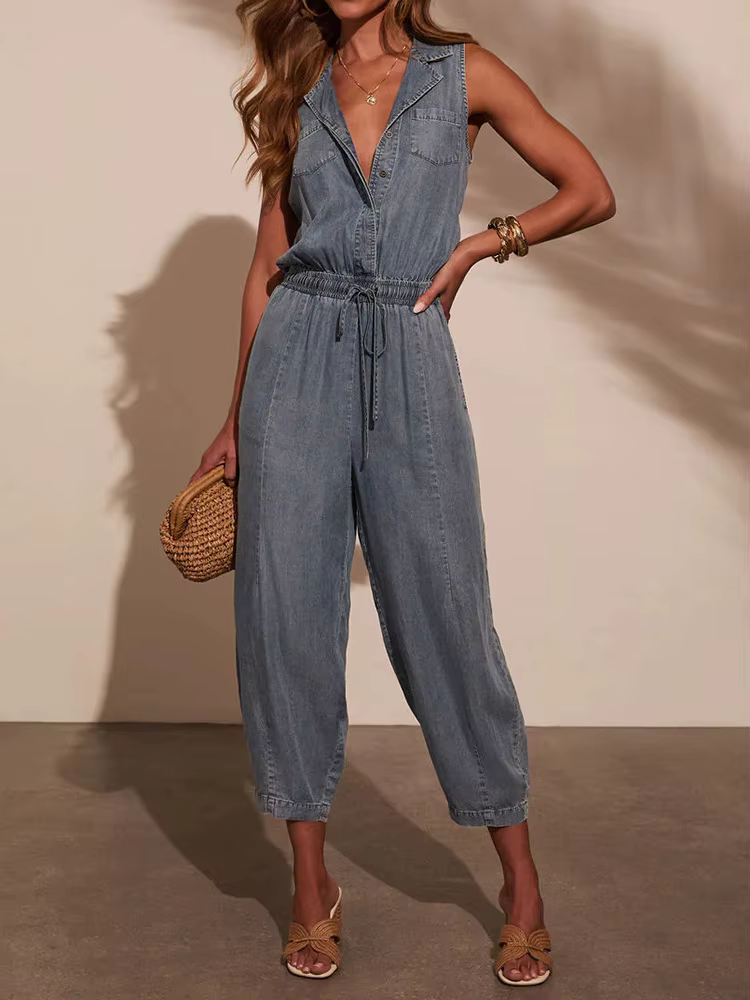 Jumpsutis chics en Patchwork de boutons à col en V, combishorts d'été sans manches pour femmes, nouv