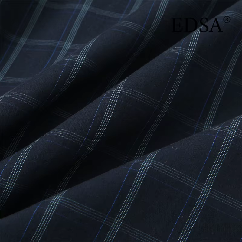 EDSA chemise à carreaux bleu marine pour femmes avec poche carrée pour bureau dame simple boutonnage