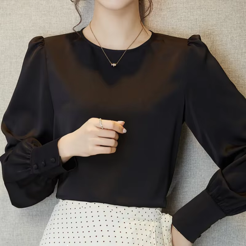Chemise en soie glacée à manches longues et col rond pour femmes, chemisier monochrome en satin acét