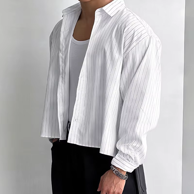 Nouveau britannique rétro hommes chemises rayées à la mode revers ample à manches longues Cardigan h
