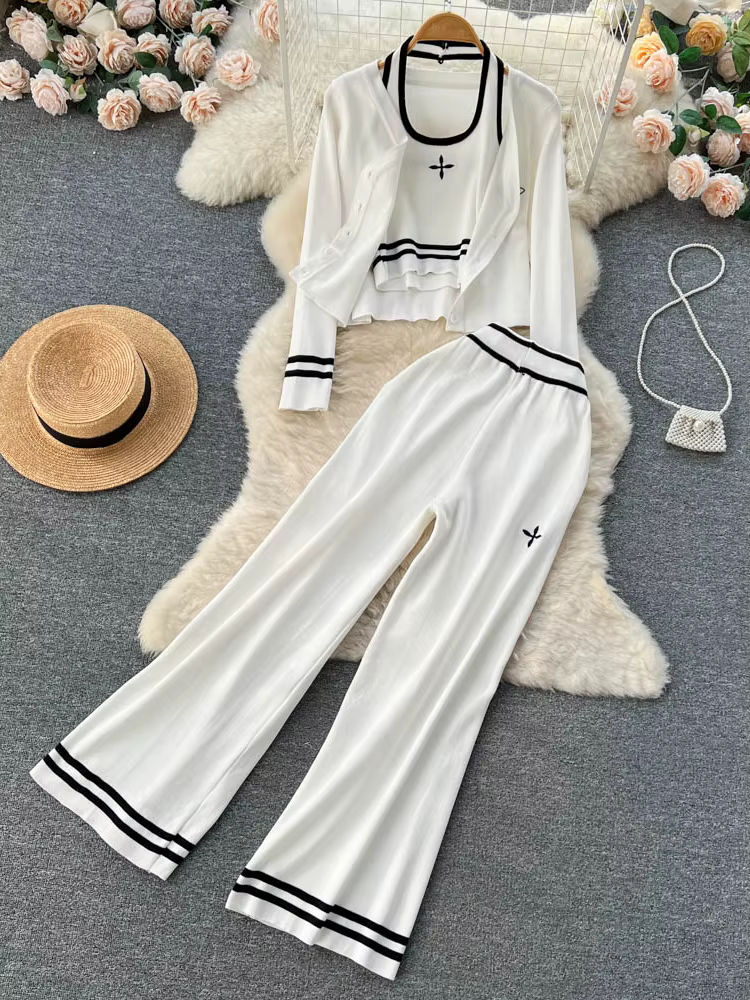 Streetwear tricoté ensemble 3 pièces pour femmes, Cardigan à manches longues manteau + Camisole + pa