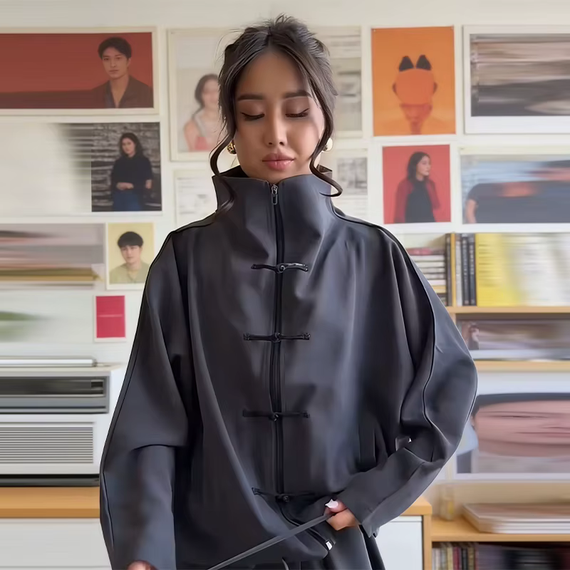 Nouveaux ensembles assortis pour femmes 2026 : Veste chic à col montant unie, pantalon confortable, 
