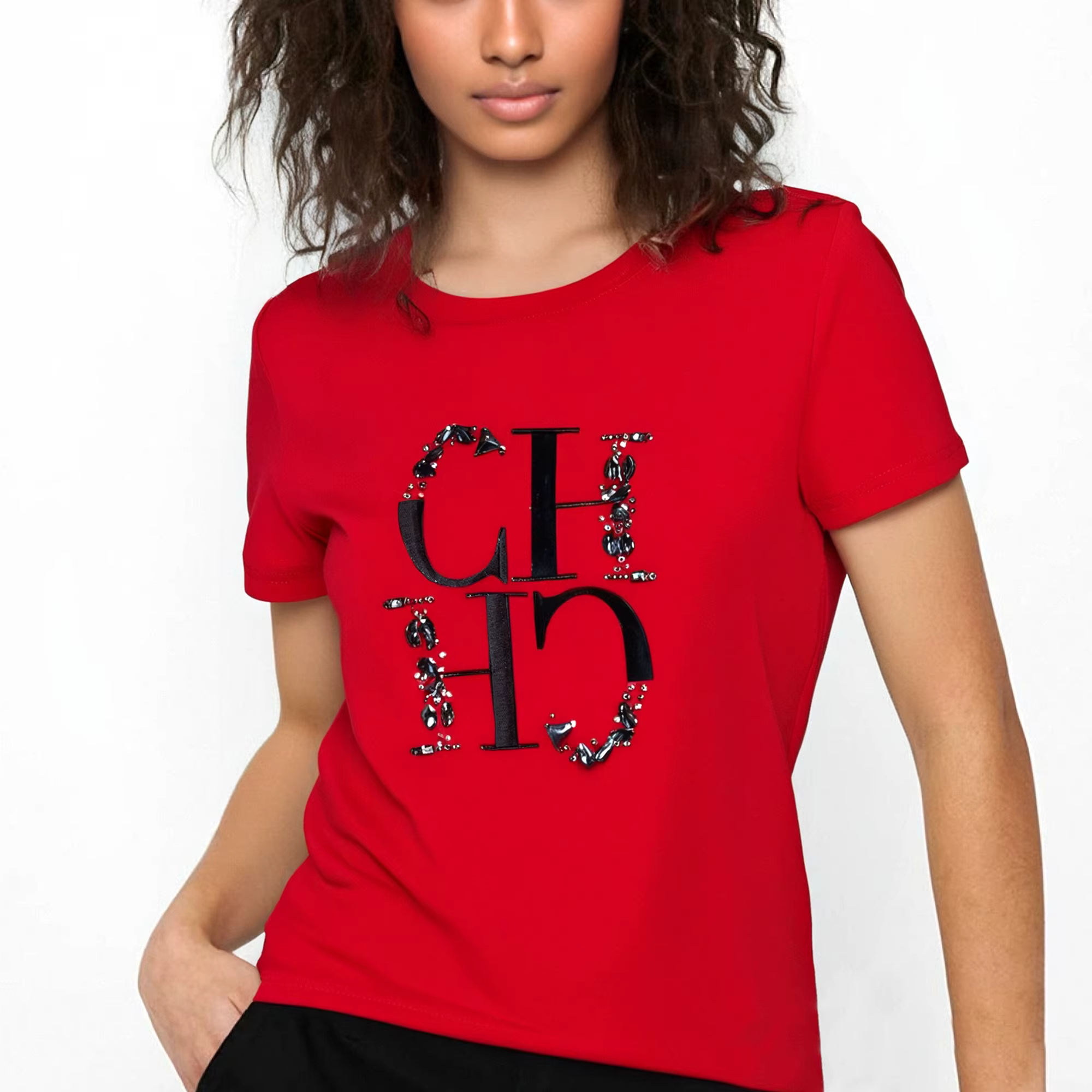 CHCH T-shirt femme 2025 nouveau brodé à la main industrie lourde haut décontracté Simple col rond ma