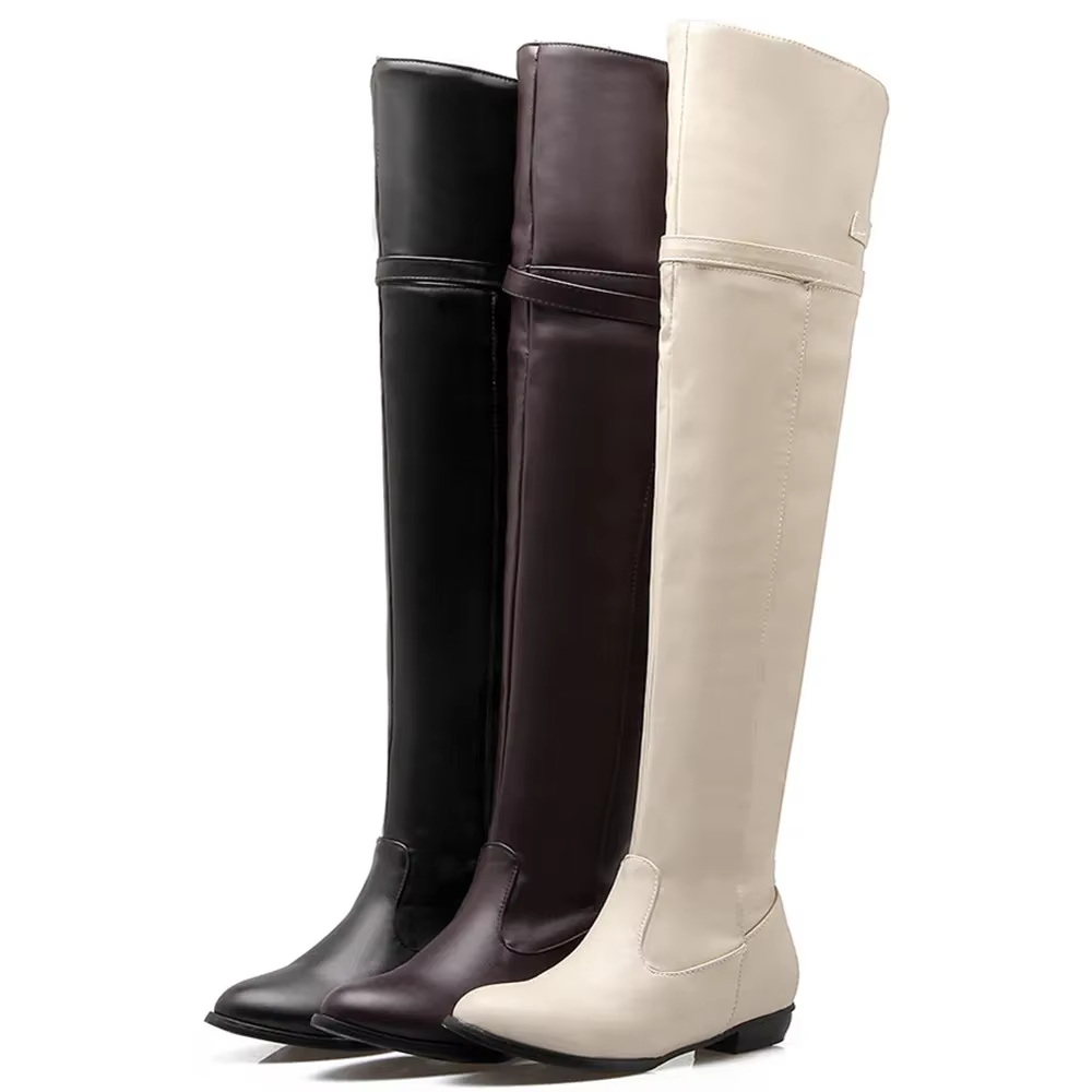 Bottes longues à bout rond pour femmes, bottes au-dessus du genou, ceinture en cuir, chaussures sexy