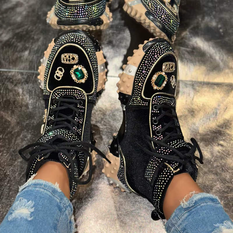 Femmes espadrilles décontractées bottes de créateur de luxe strass daim haut-haut chaussures à fond