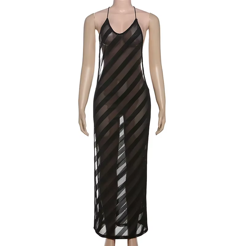 Maille voir à travers Sexy licou fête Club Maxi robe fendue tenues femmes été sans manches dos nu mo