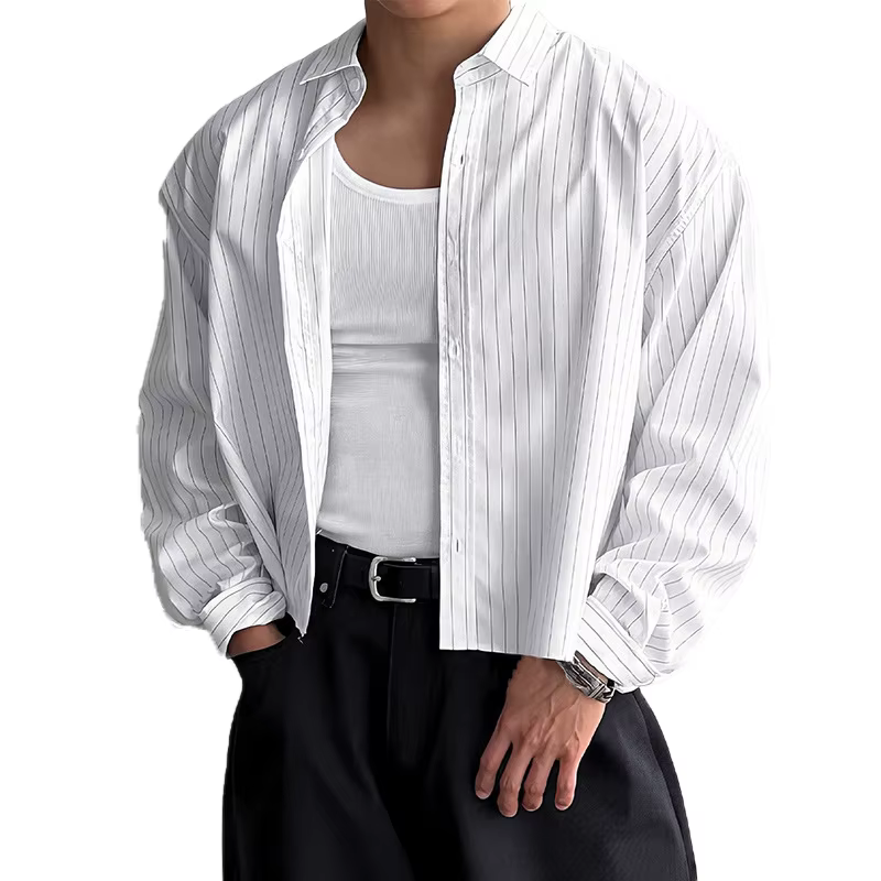 Nouveau britannique rétro hommes chemises rayées à la mode revers ample à manches longues Cardigan h