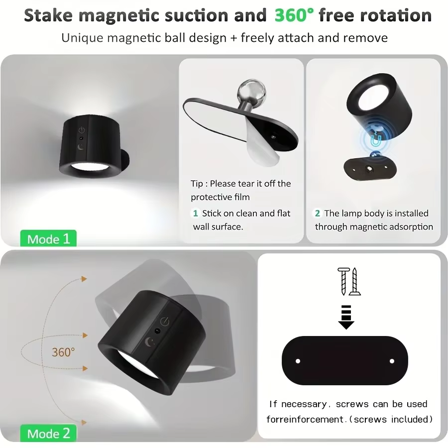 Applique murale LED magnétique double tête rechargeable 360 ° Projecteur télécommandé sans fil rot