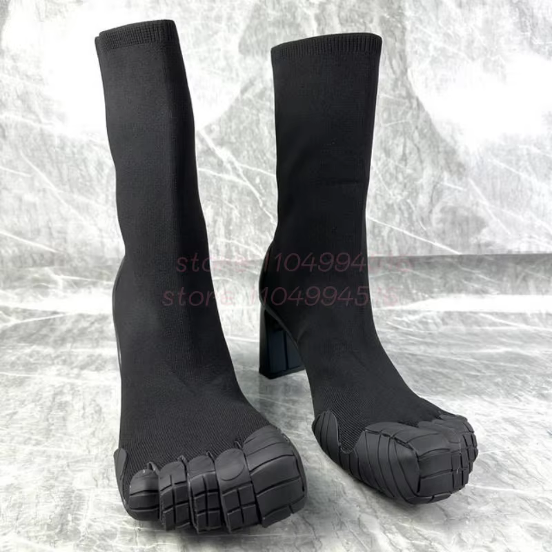 Femmes Fuchsia daim cinq doigts bottes en cuir noir bout fendu talon carré mi-mollet bottes sexy mod