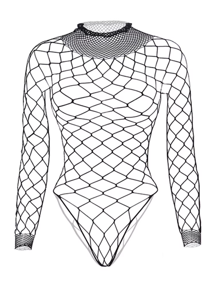 Body noir ajouré en résille, Sexy, Clubwear, manches longues, mode Slim Chic, vêtements d'été Y2K, c