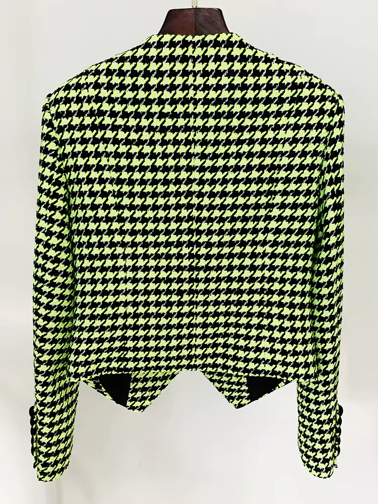 HIGH STREET Nouveauté 2026 Veste en tweed pied-de-poule perlée avec logo boutons lion, de créateur p