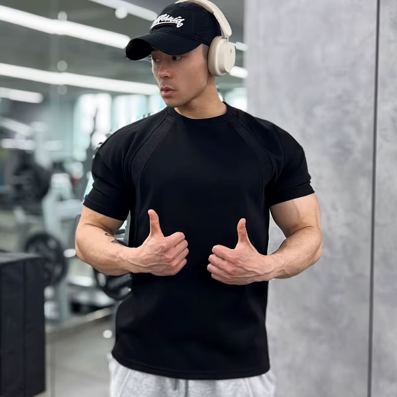 Haute qualité automne hommes à manches longues T-shirt mode sport col rond fitness course maille res