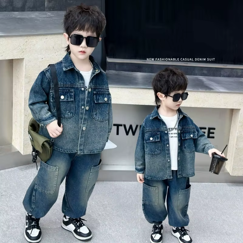 Ensemble en jean pour garçons, 2 pièces, vêtements pour enfants, veste en coton tendance, pantalon, 