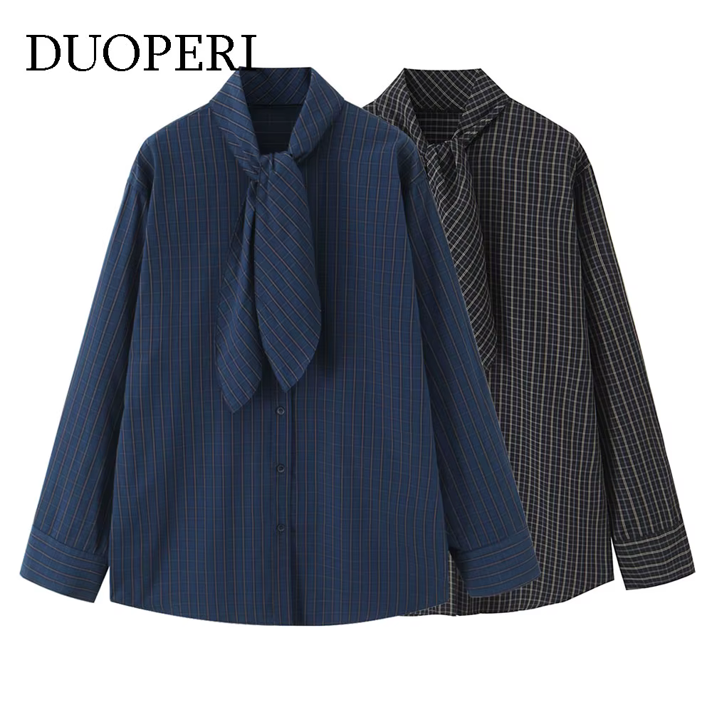 DUOPERI femmes avec nœud Plaid simple boutonnage Blouse col écharpe manches longues femme élégante C