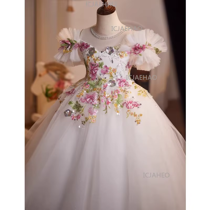 Robe de cérémonie blanche à fleurs pour filles, idéale pour les spectacles de piano, les anniversair