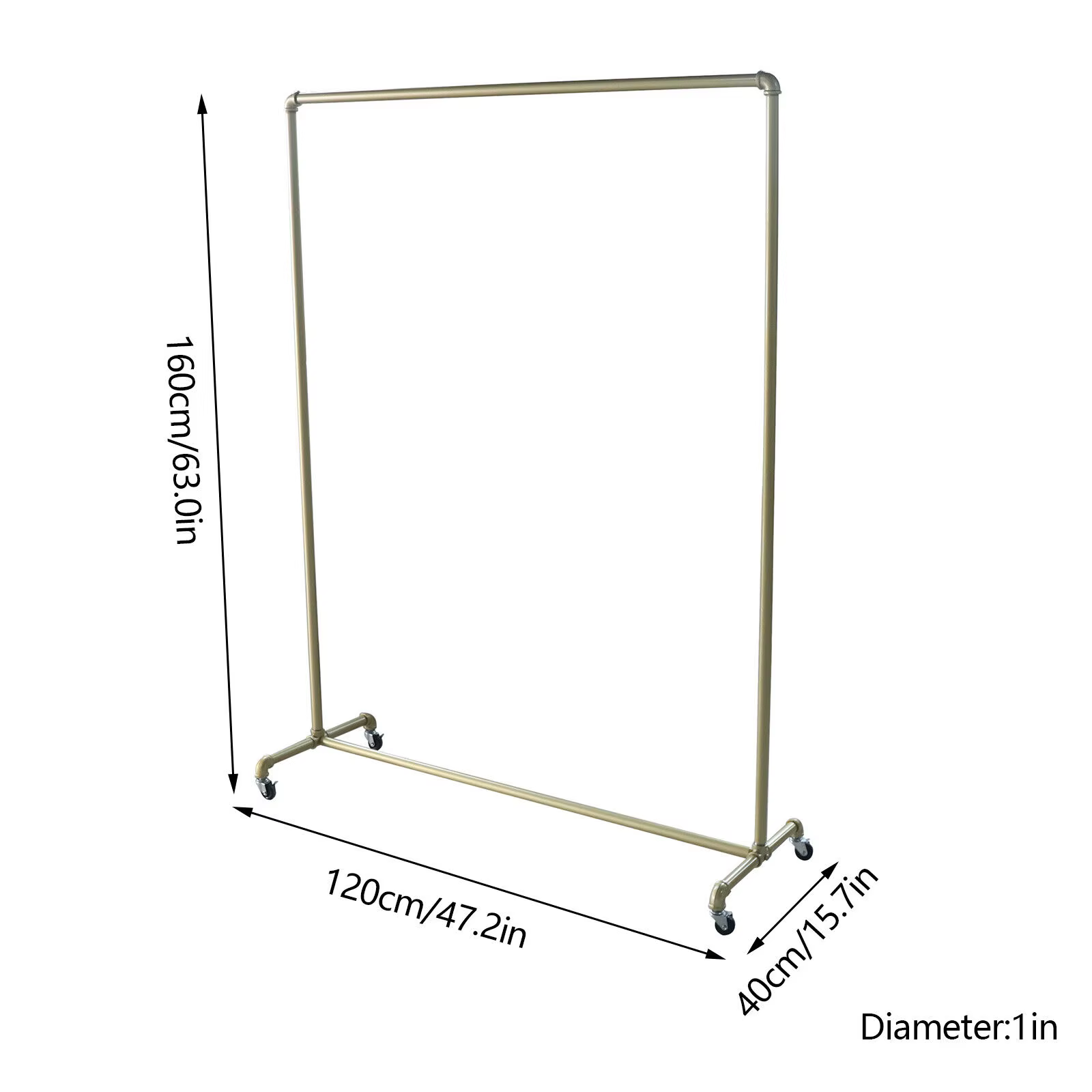 Porte-vêtements vintage en tuyau industriel, supports à vêtements dorés avec roues, T1, 47x63 po