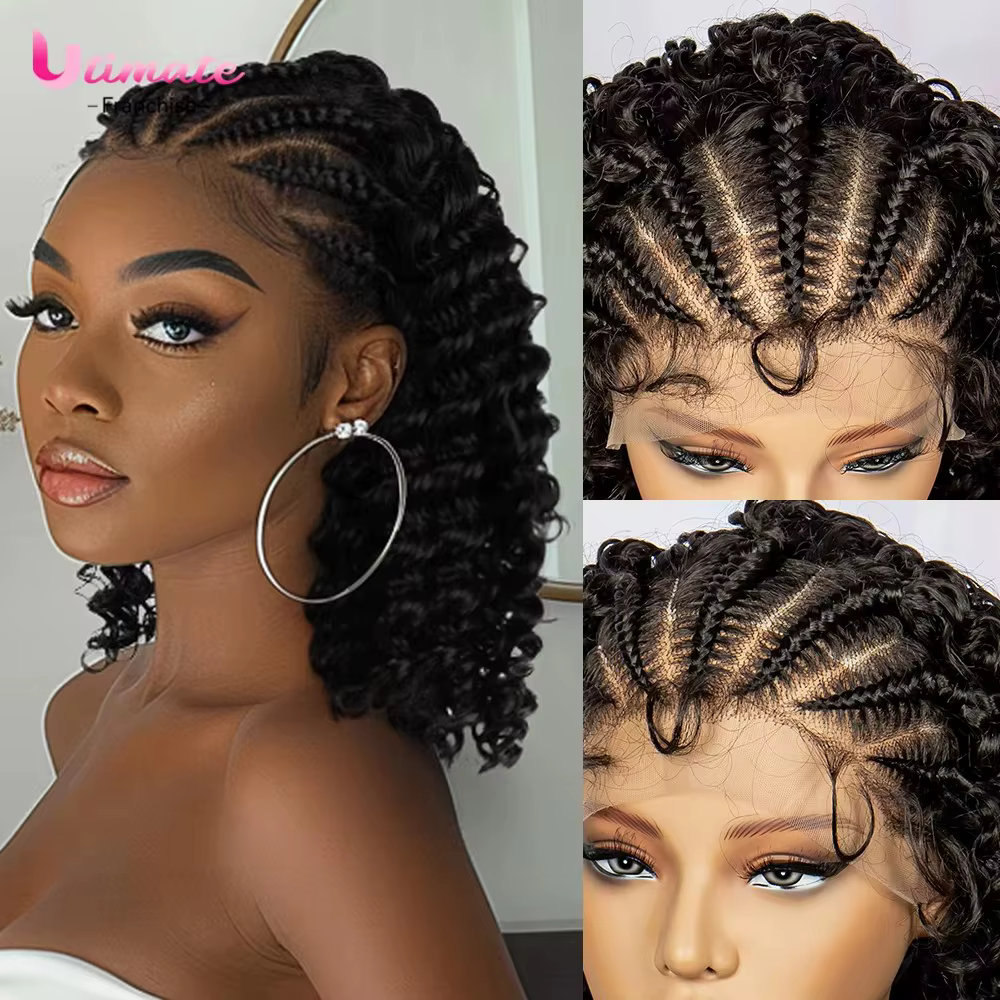 Perruque synthétique tressée style cornrow, bouclée, à ondulations profondes, avec dentelle frontale