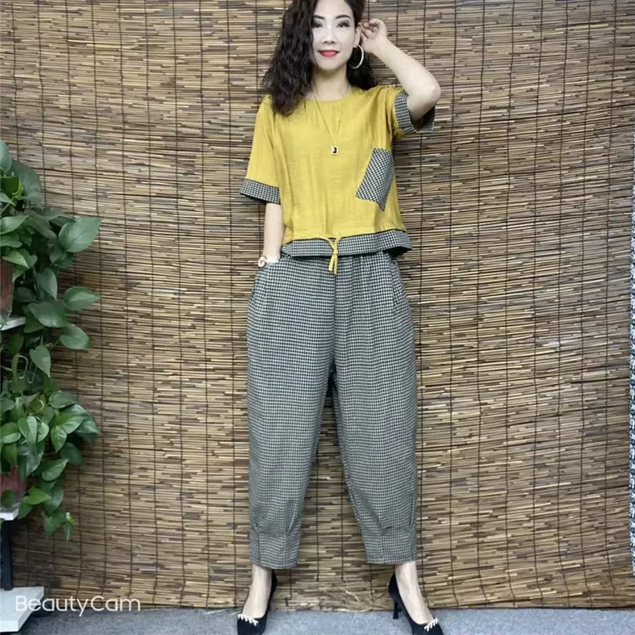 T-shirt et pantalon à carreaux en coton et lin pour femmes, manches courtes, imbibés, gros MM, ensem