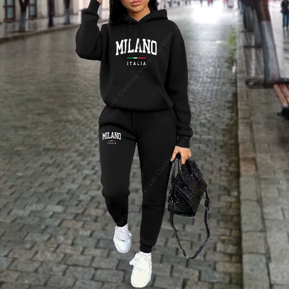 Ensemble 2 pièces pour femmes, sweat à capuche et pantalon, tenue de sport, lettre MILANO imprimée,
