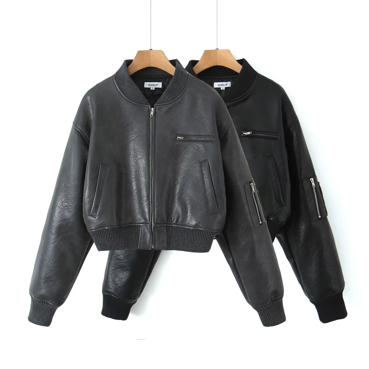 Y2K-Blouson en Cuir PU pour Femme, Col en V Côtelé, Manches sulf, Fermeture Éclair, Manteau Matelass