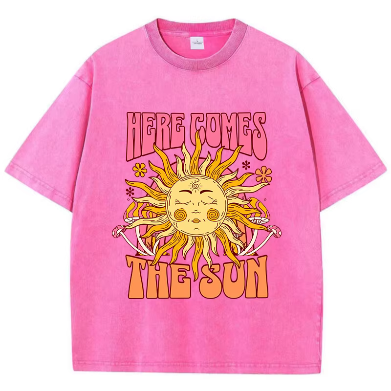 T-Shirt délavé surdimensionné pour femmes, en coton, imprimé ici arrive le soleil, décontracté, col 